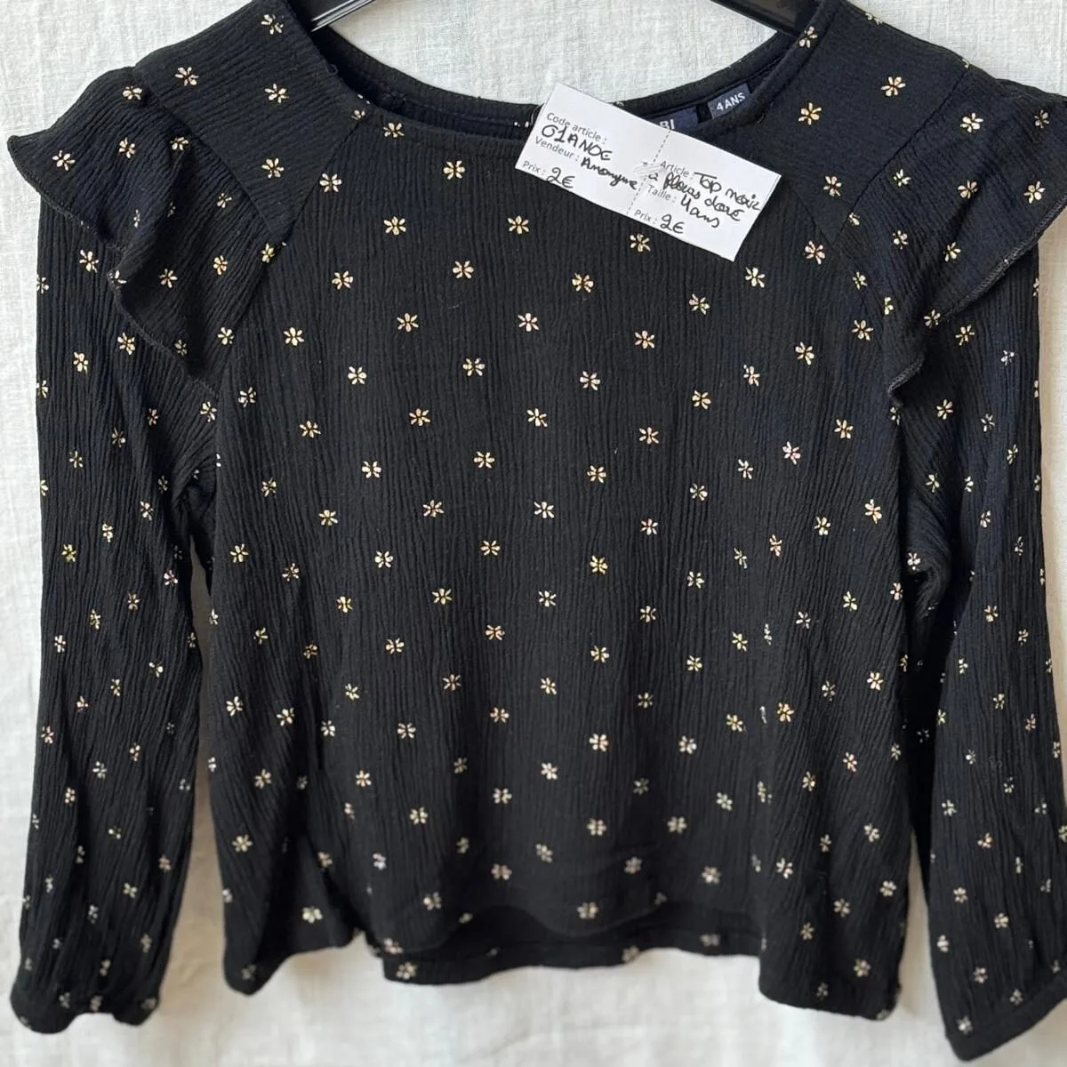 Tee-Shirt Noir Fleurs Dorées Manches Longues 4 ans